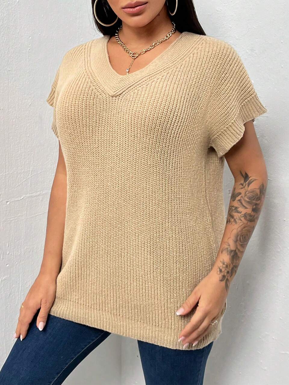 Women's V-Neck Batwing Short Sleeve Knitted Top