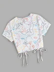 Flirla Plus Size Allover Print Drawstring Ruched T-Shirt For Summer - White - View 2