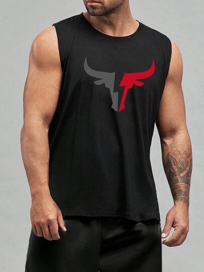 Manfinity Homme Plus Size Men's Bull Head Print Tank Top With Round Neckline, Sleeveless Graphic Bulls Black Tank Top For Street Wear