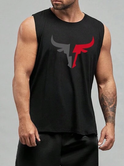 Manfinity Homme Camiseta sin mangas de talla grande para hombre con impresión de cabeza de toro y cuello redondo, camiseta negra sin mangas con toros gráficos para vestir en la calle