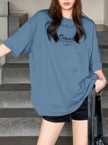 DAZY Letter Print Short Sleeve T-Shirt Thousand MASTERPIECES OF LABORER Summer Oversized T-Shirt - Blue - View 3