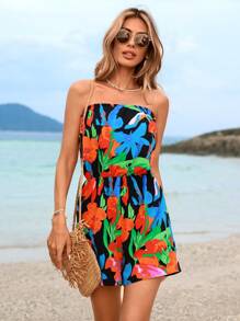 SHEIN VCAY Women'S Floral Printed Strapless Romper With Cinched Waist And Shorts - Multicolor - View 5