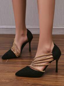 Tacones altos de fiesta para damas, stilettos decorados con rhinestones, elegantes - Dorado - Ver 5