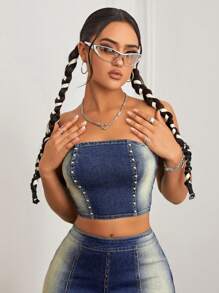 SHEIN ICON Women's Denim Strapless Top With Rivets - Blue - View 3