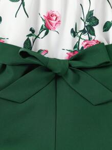 SHEIN Conjunto de blusa elegante con estampado floral y escote en V y shorts verdes para chica joven para ir al trabajo - Multicolor - Ver 4