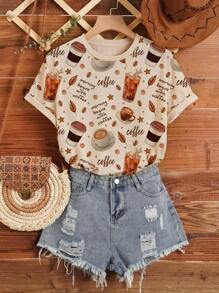 INAWLY 女士口号咖啡印花圆领 T 恤图案 T 恤女式上衣 - 卡其色 - 查看 1