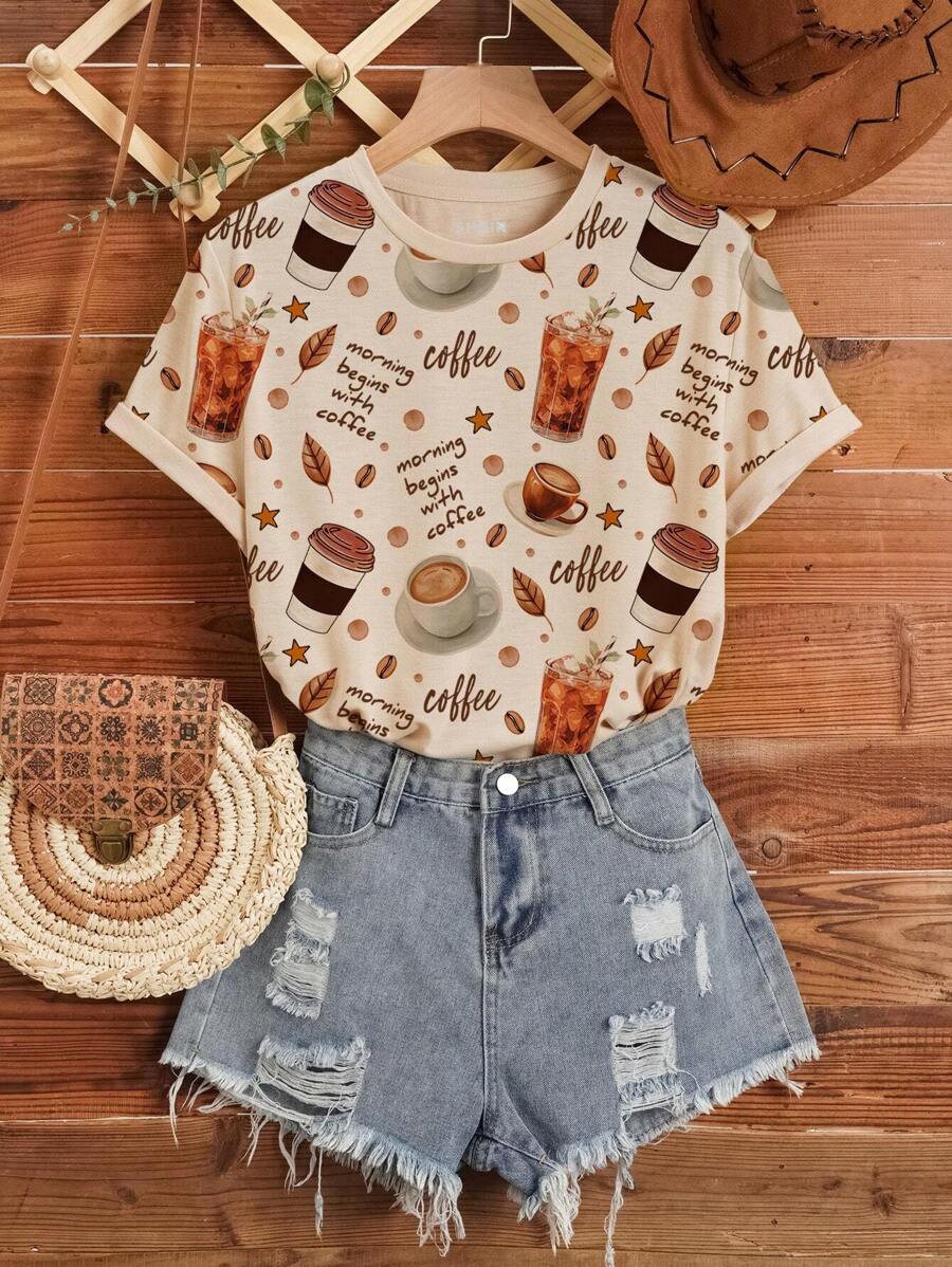 INAWLY 女士口号咖啡印花圆领 T 恤图案 T 恤女式上衣 - 卡其色 - 查看 1