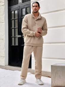 Manfinity Homme 男士下垂肩一半釦式運動衫和運動長褲套裝 - 卡其色 - 查看 5