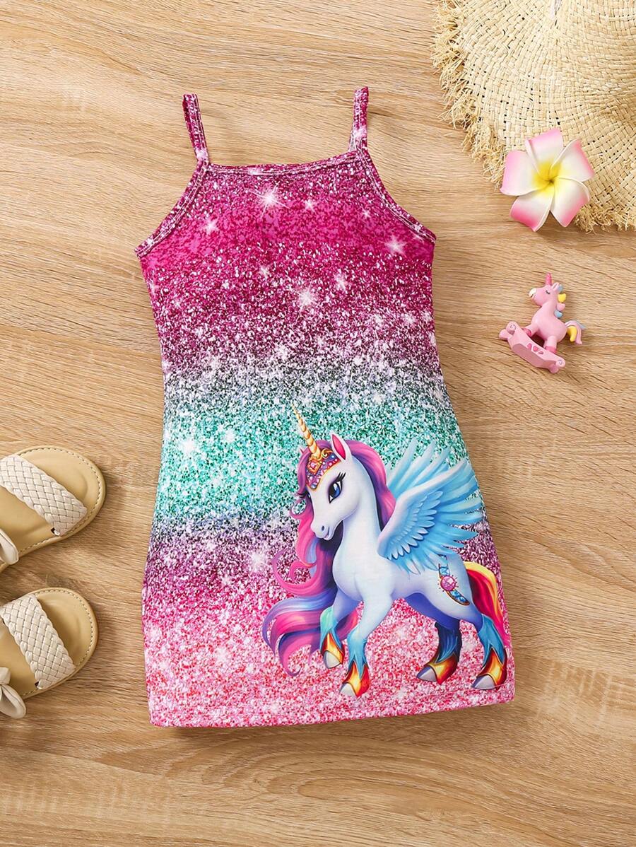 SHEIN Young Girl Unicorn Printed Cami A-Line Dress - Multicolor - View 1