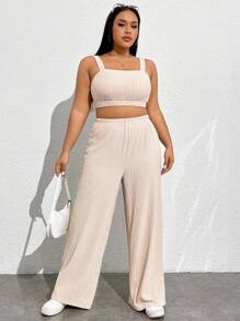 SHEIN EZwear Conjunto De Top Corto Y Pantalones Para Mujeres De Talla Grande - Albaricoque - Ver 4