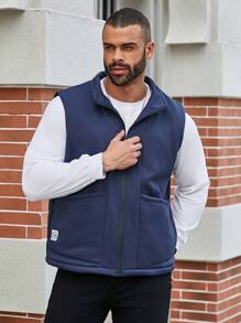 Manfinity Homme Plus Size Men's Teddy Lined Zipper Front Vest Jacket With Double Pockets - Blue - View 4