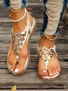 2024新款春/夏時尚彈性後掛帶金屬裝飾扣和腳趾環涼鞋,適用於假期和海灘,米色 - 米色 - 查看 5