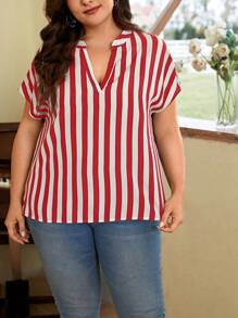 SHEIN LUNE Plus Size Summer Striped Blouse With Notched Collar - Red and White - View 4