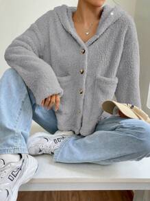 SHEIN EZwear 女性毛絨質連帽外套 - 灰色 - 查看 3