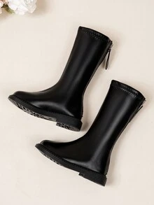Girls' Solid Color Soft Pu Leather Knee-high Boots With Back Zipper - Black - View 2