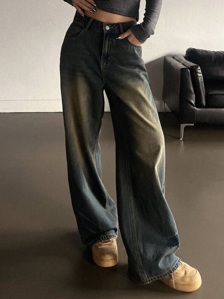 Women's Regular Waist Washed Loose Straight Leg Casual Jeans