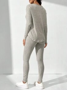 SHEIN Tall Ladies' Solid Color Ribbed Knit Two Piece Outfit - Apricot - View 2