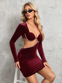 SHEIN Tall Women's Slim Fit Hollow Out Dress With Rhinestone Decor - Burgundy - View 3