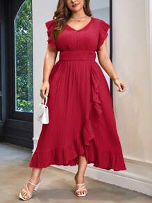SHEIN Privé Plus Size Solid Color Cap Sleeve Dress For Women