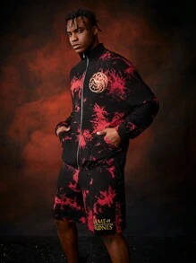 Game of Thrones X SHEIN Nam Mô hình rồng In Áo Và Lá thư In Quần short Nhuộm buộc 2 cái/bộ - màu đen - Xem 4