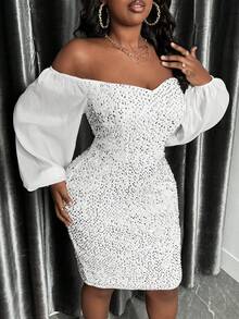 Slaydiva Của phụ nữ Kích thước lớn Kim sa Vá lại Off-shoulder Tay áo lồng đèn Đầm - trắng - Xem 4