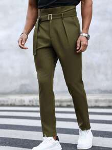 Manfinity Homme Men's Paper Bag Waist Straight Leg Trousers - Army Green - View 1