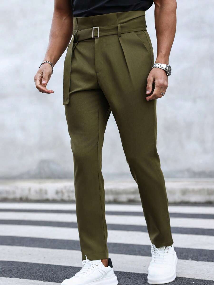 Manfinity Homme Men's Paper Bag Waist Straight Leg Trousers - Army Green - View 1