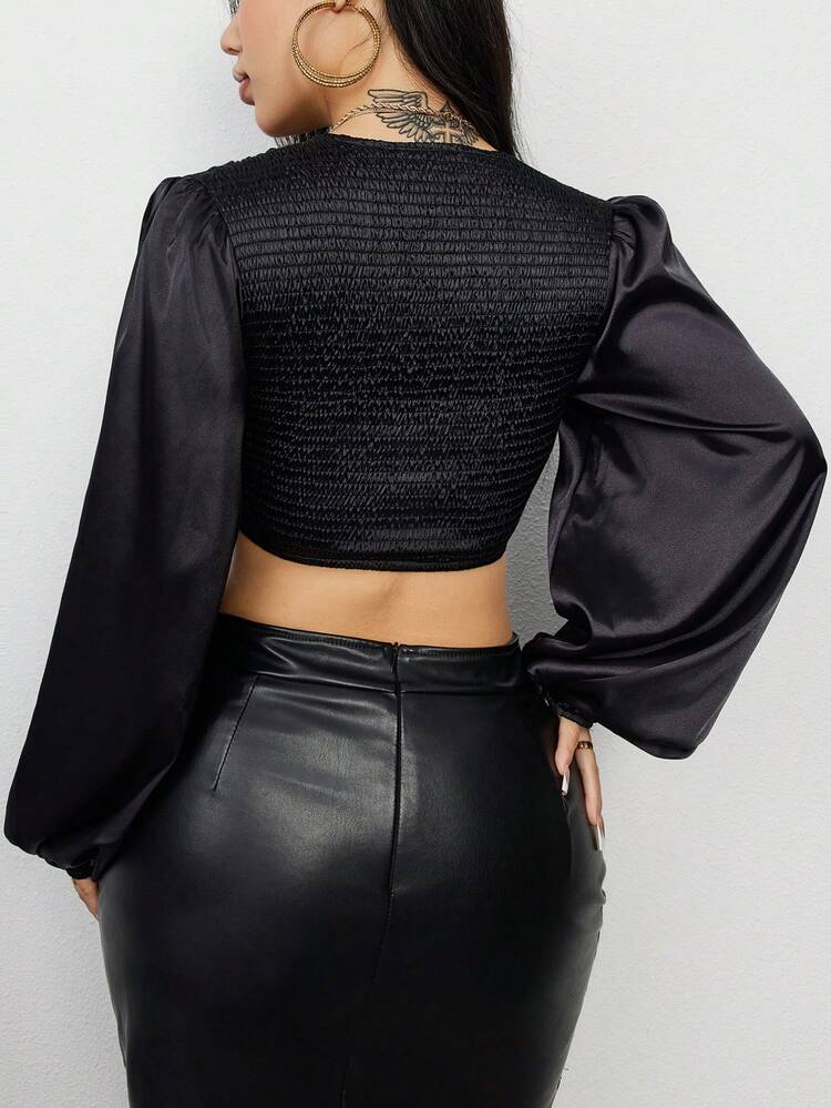 Solid Color Lantern Sleeve Cropped Blouse Fall Cloth For Women