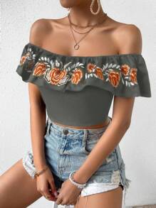 SHEIN Privé 花繡連肩褶邊緊身襯衫 - 黑色 - 查看 4