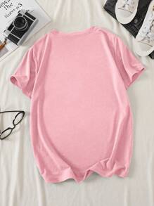 SHEIN 玫瑰与字母印花 T 恤 图案 T 恤 女式上衣 - 淺粉色 - 查看 2