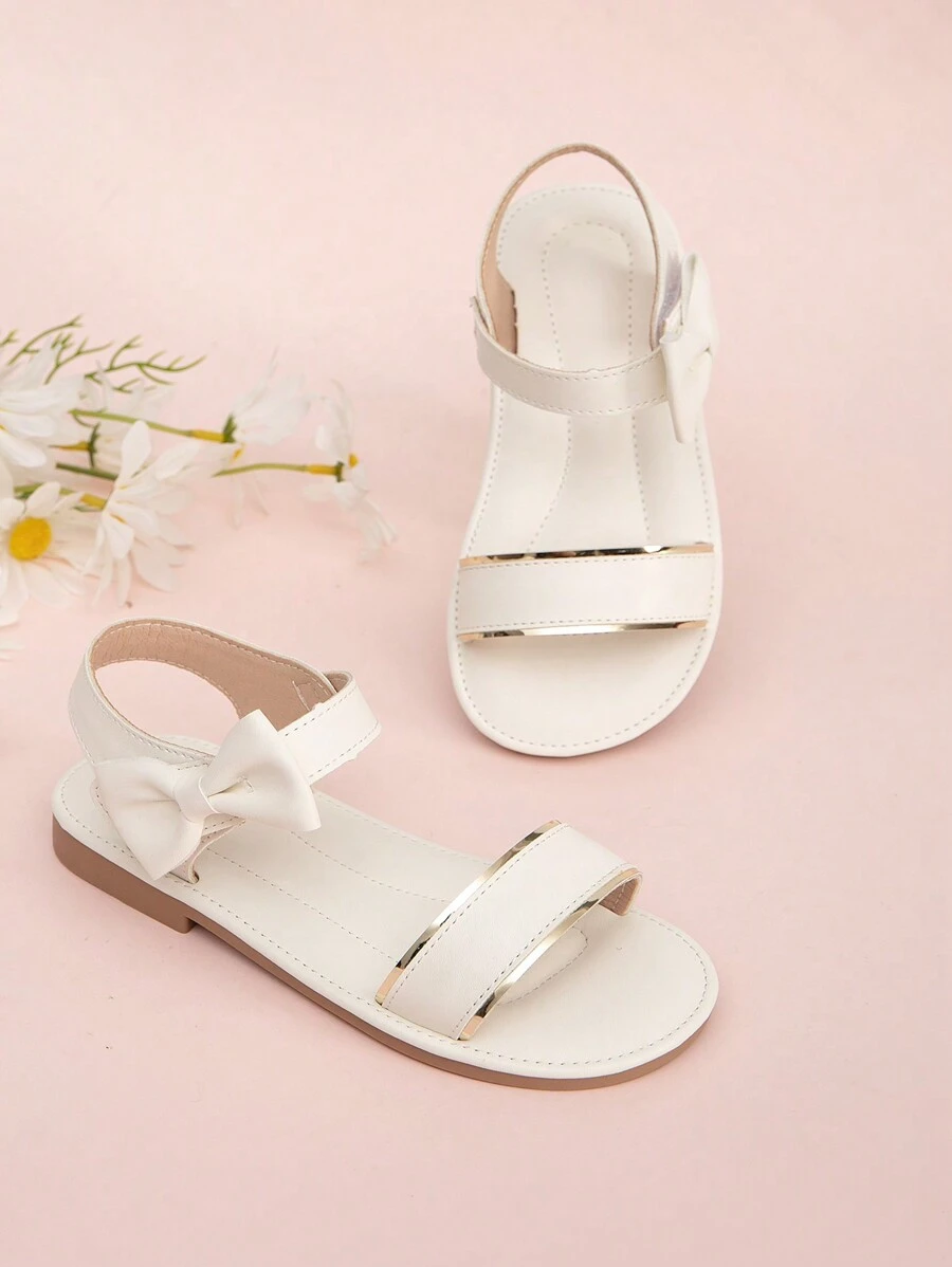 女孩交叉鬆緊帶和蝴蝶結裝飾平底涼鞋 - 白色 - 查看 1
