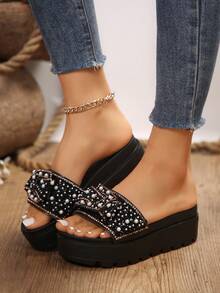 New Style Women's Thick-Soled Sandals, Fashionable, Versatile, With Rhinestones & Glitter, Open-Toe, Slip-On Slippers - Black - View 2