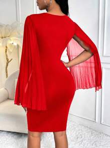 SHEIN Clasi Solid Color Cape Sleeve Dress With Rhinestone Decoration - Red - View 2