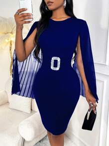 Lunelith SHEIN Lunessa Women's Patchwork Sheer Cape Sleeves Bodycon Round Neck Dress Fall Cloth For Women - Navy Blue - View 3