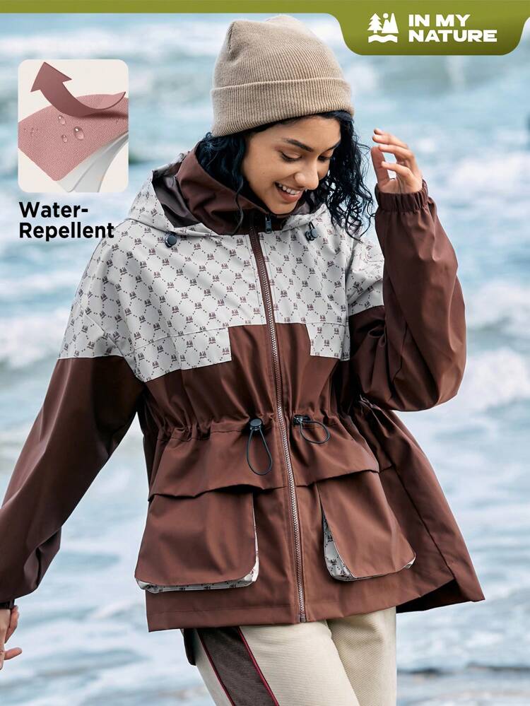 Women's Drawstring Waist Contrast Color Hooded Outdoor Jacket