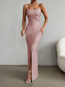 EURMUSE Women's Glitter Strapless Slit Mermaid Hem Dress - Pink - View 5