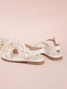 女孩交叉鬆緊帶和蝴蝶結裝飾平底涼鞋 - 白色 - 查看 3