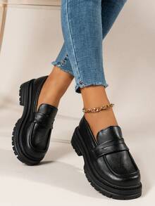 女式時尚厚底圓頭鞋，適用於全年季節，黑色 - 黑色 - 查看 4