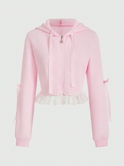 ROMWE Kawaii Sudadera Con Capucha Con Cordón Y Borde De Encaje