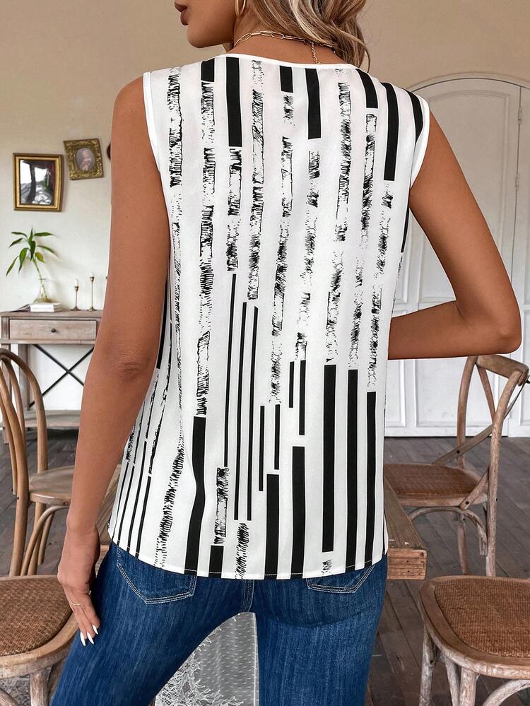 Women's Striped Print Notched Neck Casual Sleeveless Top