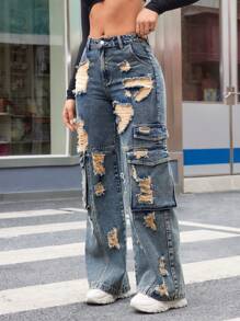 SHEIN ICON Distressed Denim Overalls Wide Leg Pants - Medium Wash - View 5