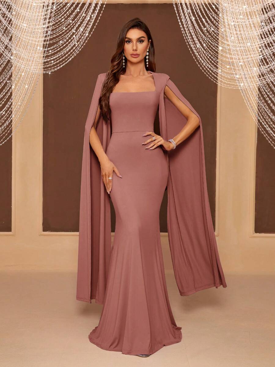 SHEIN Belle Brautjungfer-Kleid für Erwachsene mit weiten Ärmeln, quadratischem Ausschnitt, Taille und Fischschwanz, elegantes langes Ärmel Abendkleid für formelle Anlässe, Hochzeitsgast, Abschlussball, Dinner - Altrosa - Übersicht 1