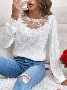 SHEIN LUNE Women Valentine's Day High Neck Lace Embroidered Texture Fabric Sweatshirt - White - View 1