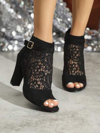 秋冬新款女装黑色、浅棕色、棕色镂空蕾丝网眼露趾高跟踝靴、凉鞋