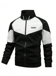 Manfinity Homme Chaquetas De Hombres Con Cierre De Cremallera En Bloque De Colores Sueltos Con Impresión De Letras - Negro - Ver 1