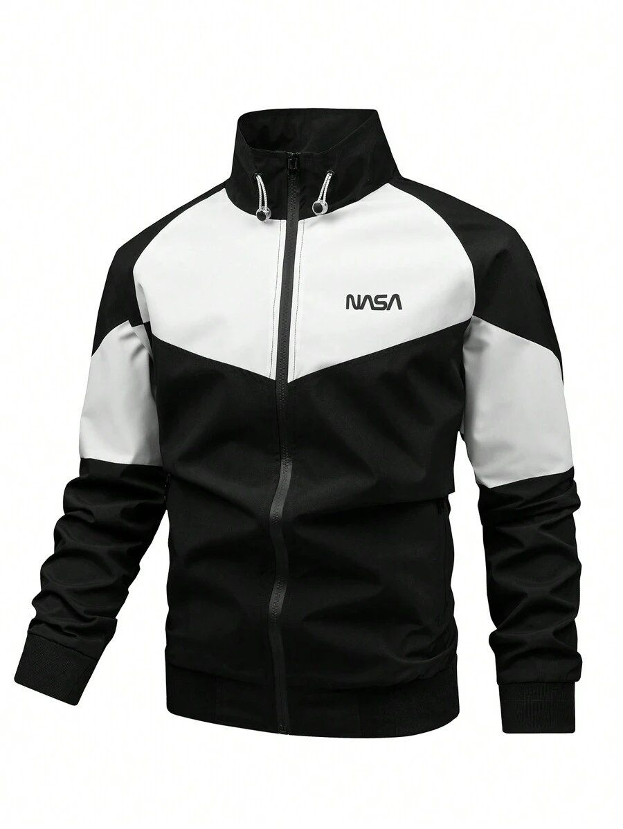 Manfinity Homme Chaquetas De Hombres Con Cierre De Cremallera En Bloque De Colores Sueltos Con Impresión De Letras - Negro - Ver 1