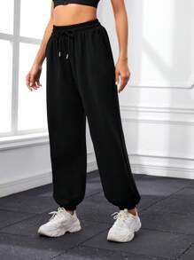 SHEIN Sports 女士純色束口褲,帶有彈性袖口 - 黑色 - 查看 2