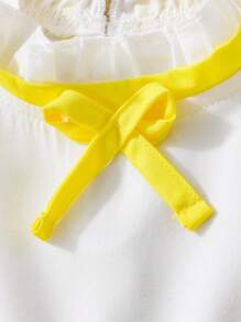 Young Girl Cap Sleeves Two-Tone Pleated Hem Dress - Yellow - View 3