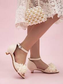 新款春夏女童可愛簡約蕾絲修邊表演高跟涼鞋 - 米色 - 查看 4