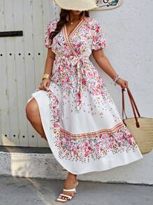 SHEIN LUNE 女式加大码波西米亚风花卉印花 V 领收腰连衣裙，适合夏季 - 粉色 - 查看 1